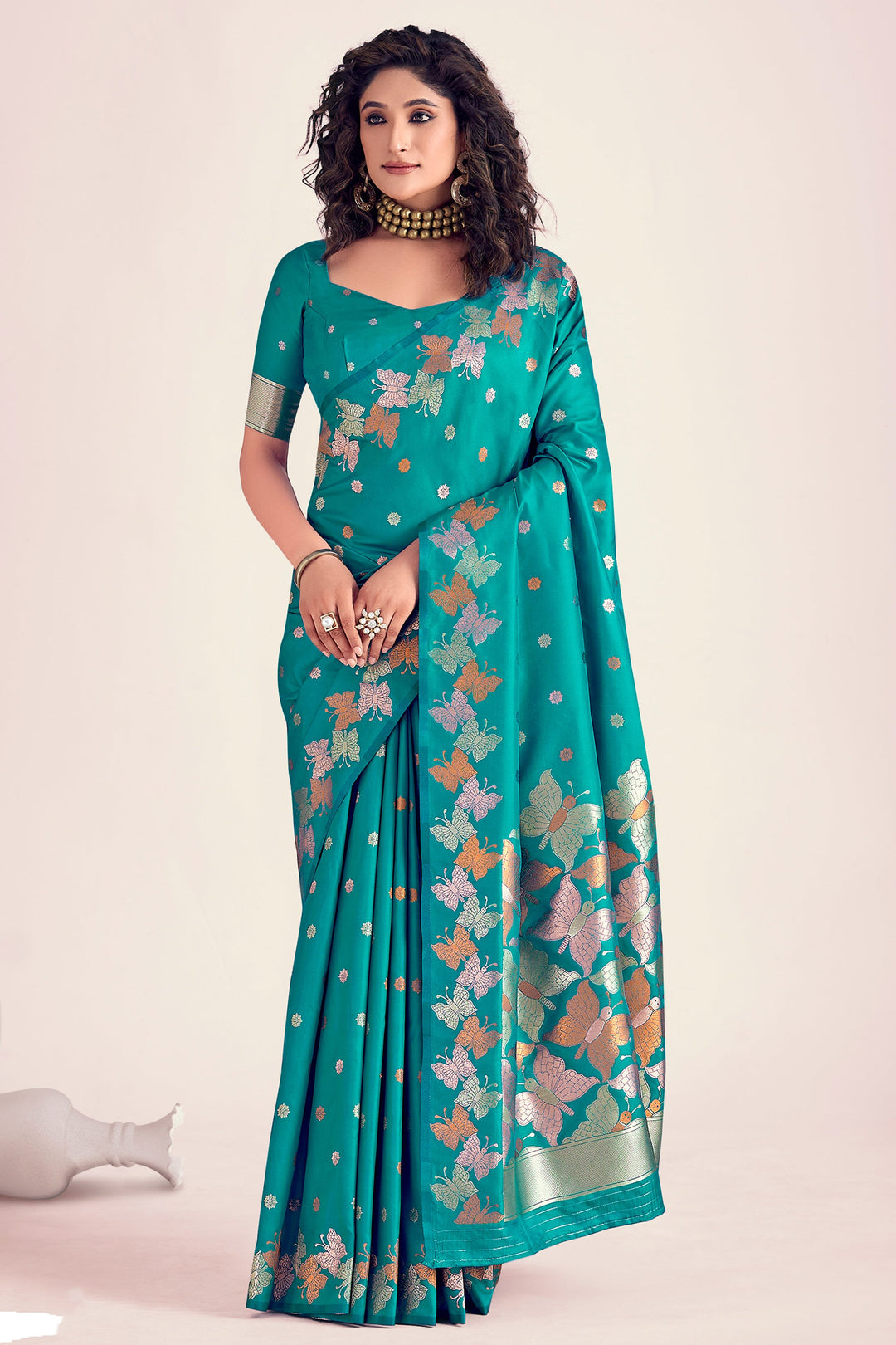Fashionable Sea Green Color Printed Banarasi Style Silk Saree | Buy Online India