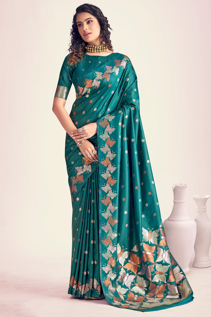Green Color Gorgeous Printed Banarasi Style Silk Saree | Buy Online India