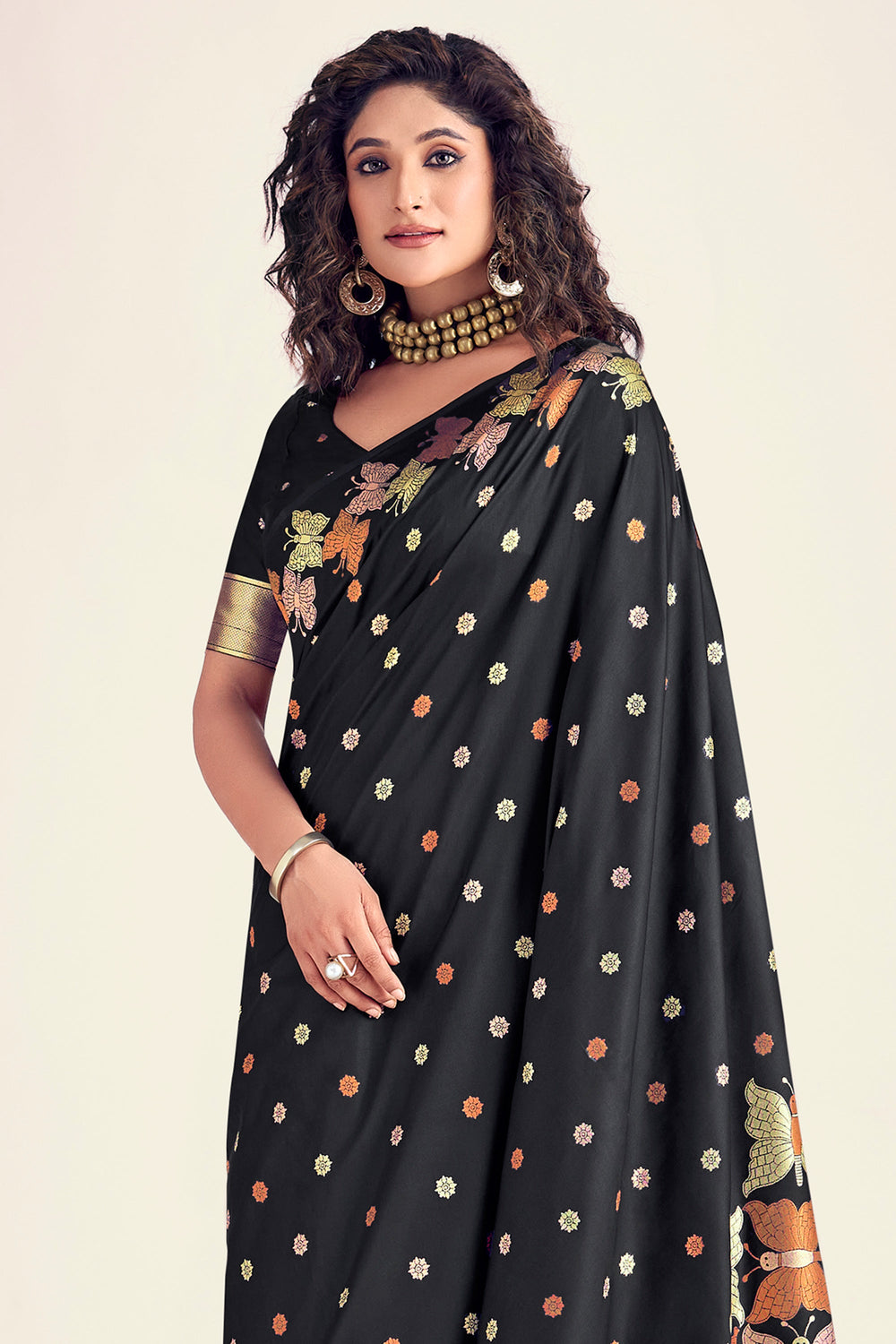 Black Color Glorious Printed Banarasi Style Silk Saree | Buy Online India