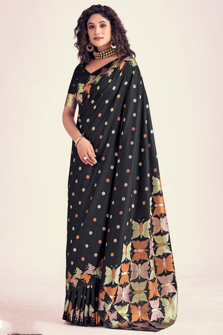 Black Color Glorious Printed Banarasi Style Silk Saree | Buy Online India