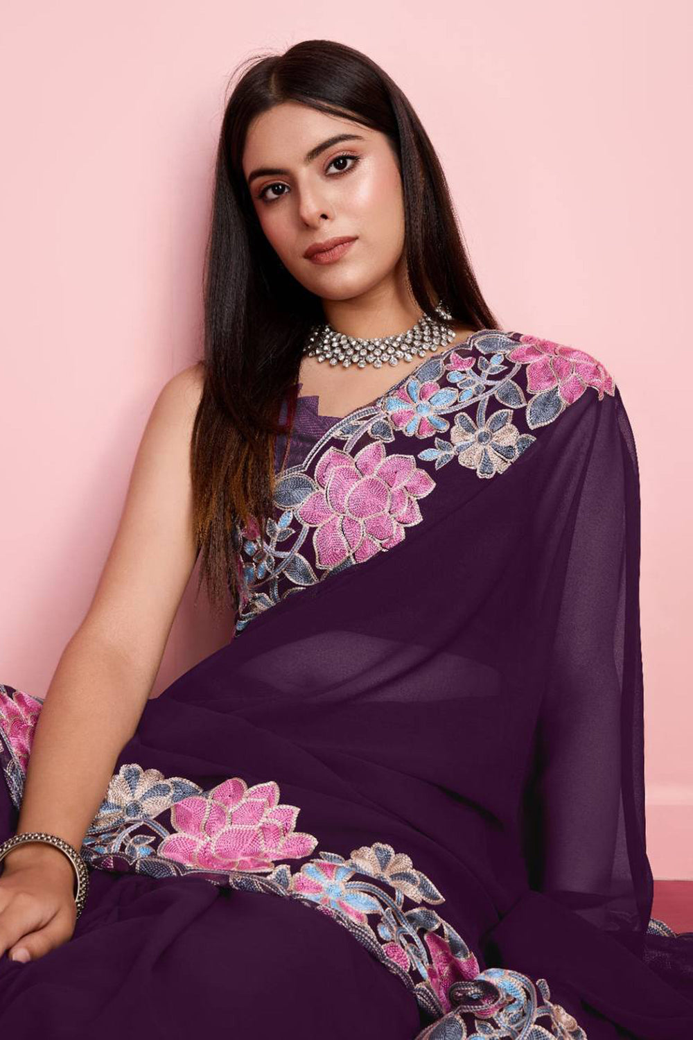 Embroidered Border Work Purple Saree In Georgette Fabric | Buy Online India