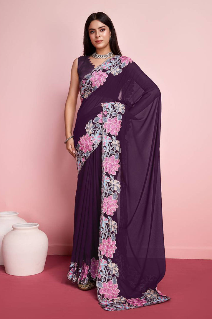 Embroidered Border Work Purple Saree In Georgette Fabric | Buy Online India