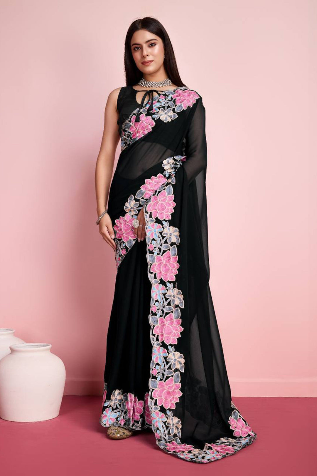 Embroidery Border Work Black Georgette Festive Wear Saree With Blouse | Buy Online India