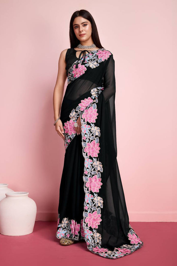 Embroidery Border Work Black Georgette Festive Wear Saree With Blouse | Buy Online India