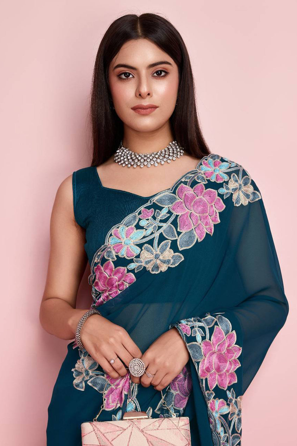 Teal Georgette Embroidery Border Work Saree With Blouse | Buy Online India