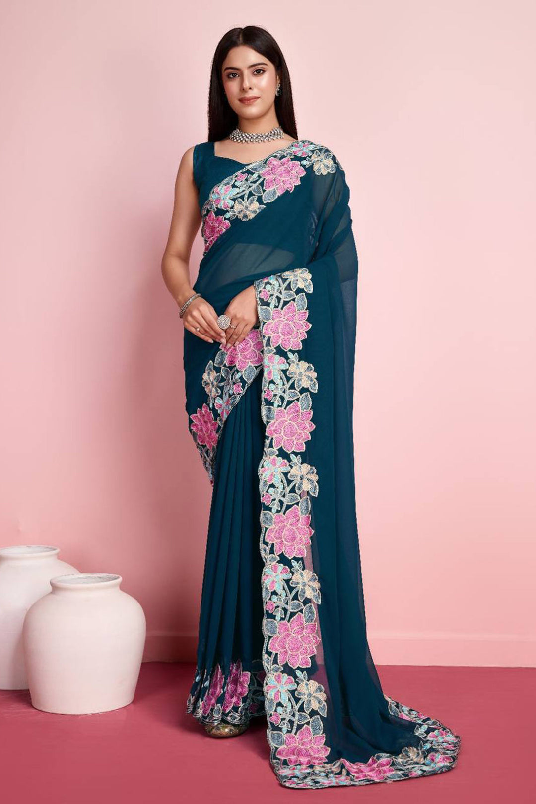 Teal Georgette Embroidery Border Work Saree With Blouse | Buy Online India
