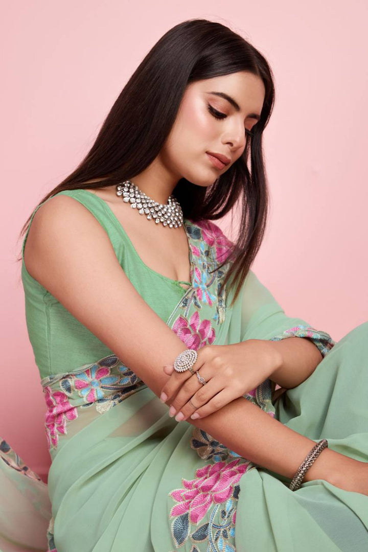 Embroidered Border Work Sea Green Georgette Saree With Pretty Blouse | Buy Online India