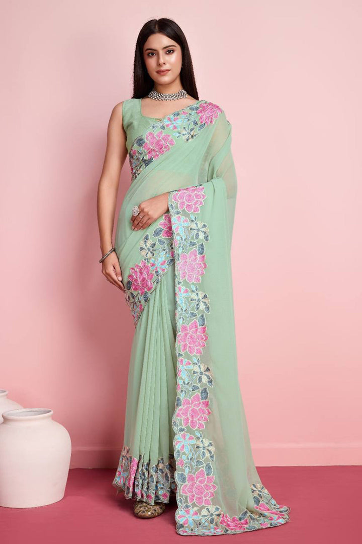 Embroidered Border Work Sea Green Georgette Saree With Pretty Blouse | Buy Online India