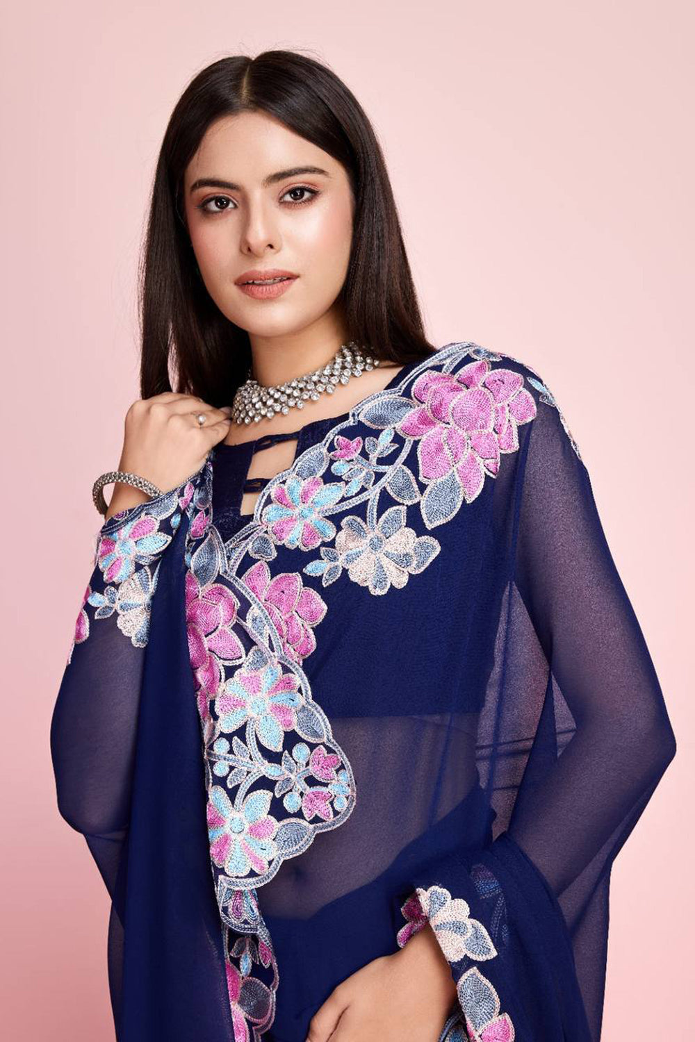 Georgette Blue Excellent Embroidered Border Work Saree With Blouse | Buy Online India