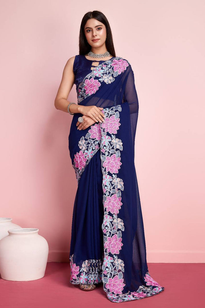 Georgette Blue Excellent Embroidered Border Work Saree With Blouse | Buy Online India