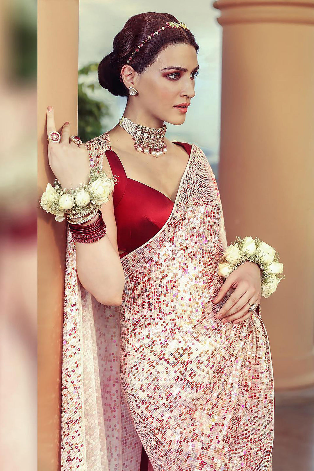 Kriti Sanon Inspired Sequins Work Beige Georgette Festive Wear Saree With Designer Blouse | Buy Online India
