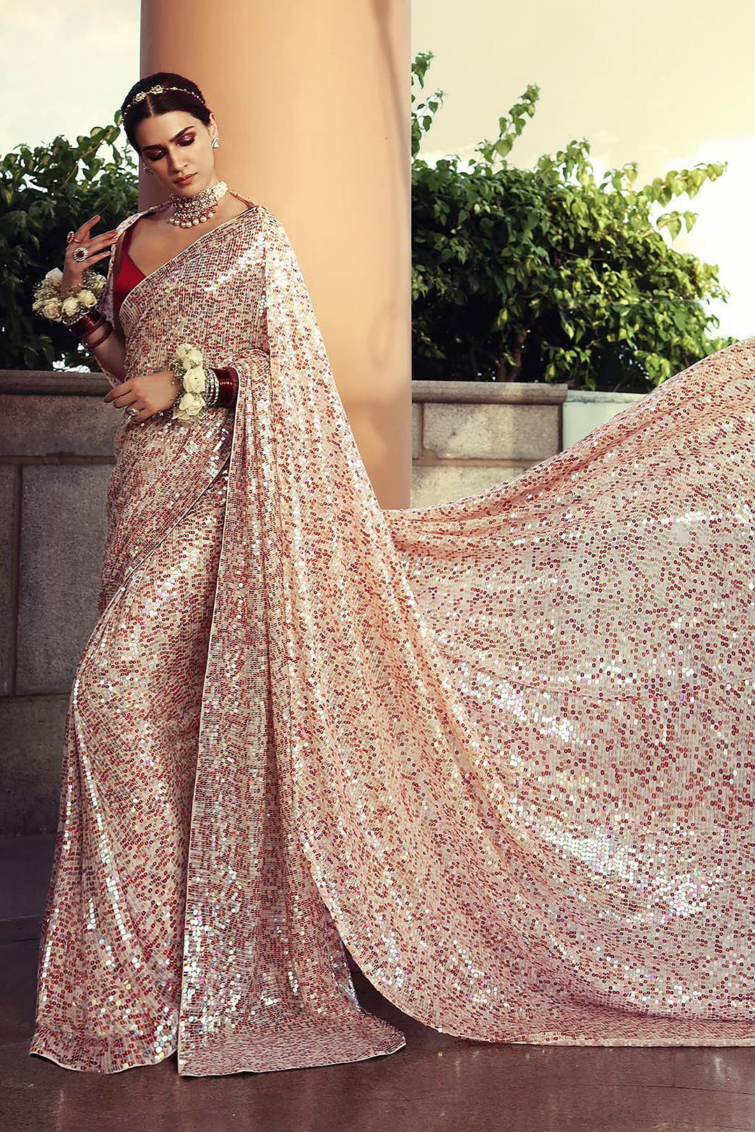 Kriti Sanon Inspired Sequins Work Beige Georgette Festive Wear Saree With Designer Blouse | Buy Online India