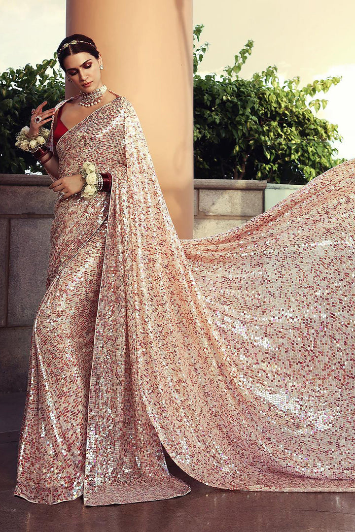 Kriti Sanon Inspired Sequins Work Beige Georgette Festive Wear Saree With Designer Blouse | Buy Online India