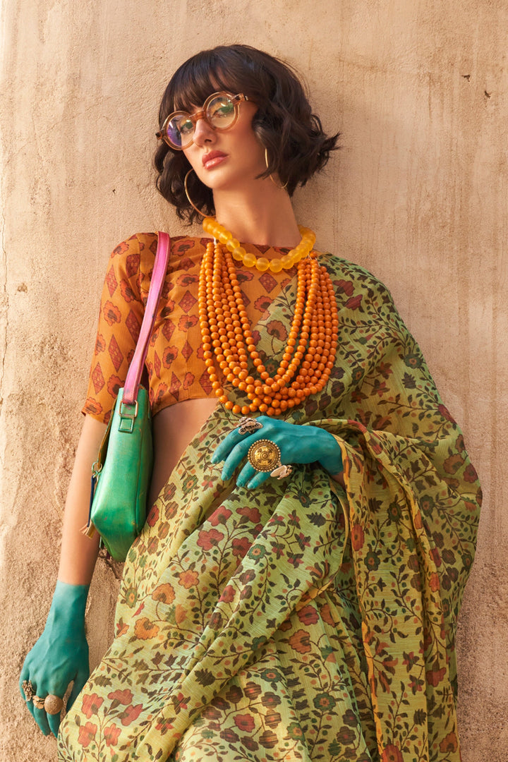 Handwoven Printed Soothing Tissue Fabric Saree In Sea Green Color | Buy Online India