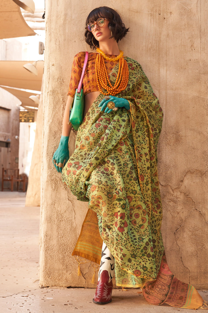 Handwoven Printed Soothing Tissue Fabric Saree In Sea Green Color | Buy Online India