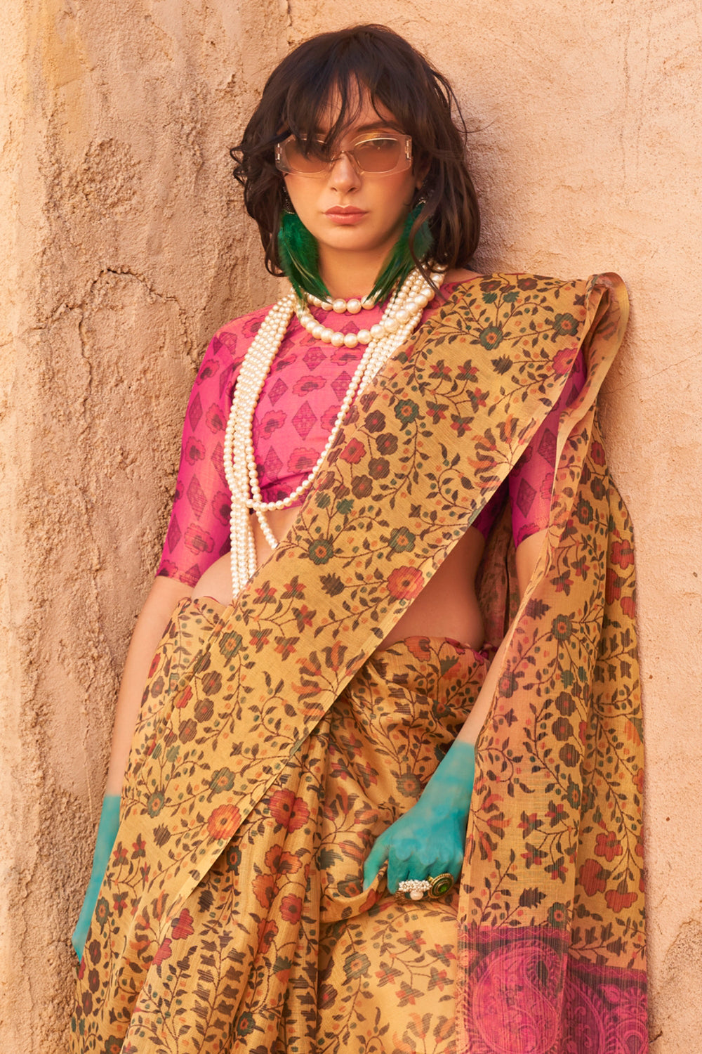 Delicate Mustard Color Handwoven Printed Tissue Fabric Saree | Buy Online India