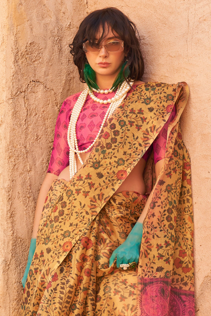 Delicate Mustard Color Handwoven Printed Tissue Fabric Saree | Buy Online India