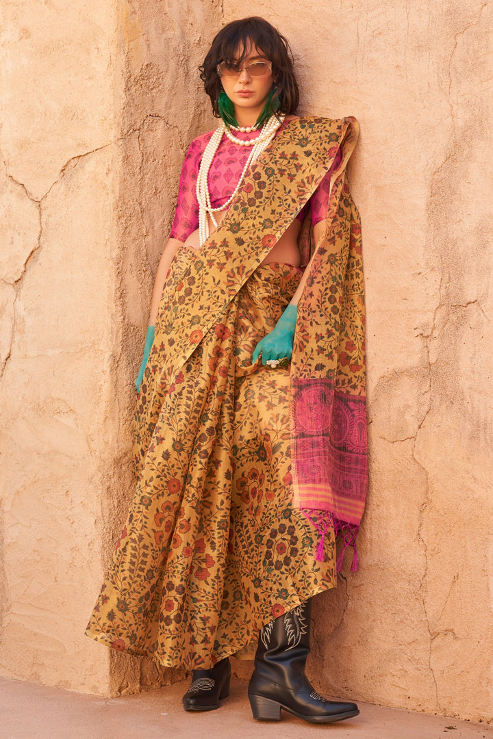 Delicate Mustard Color Handwoven Printed Tissue Fabric Saree | Buy Online India