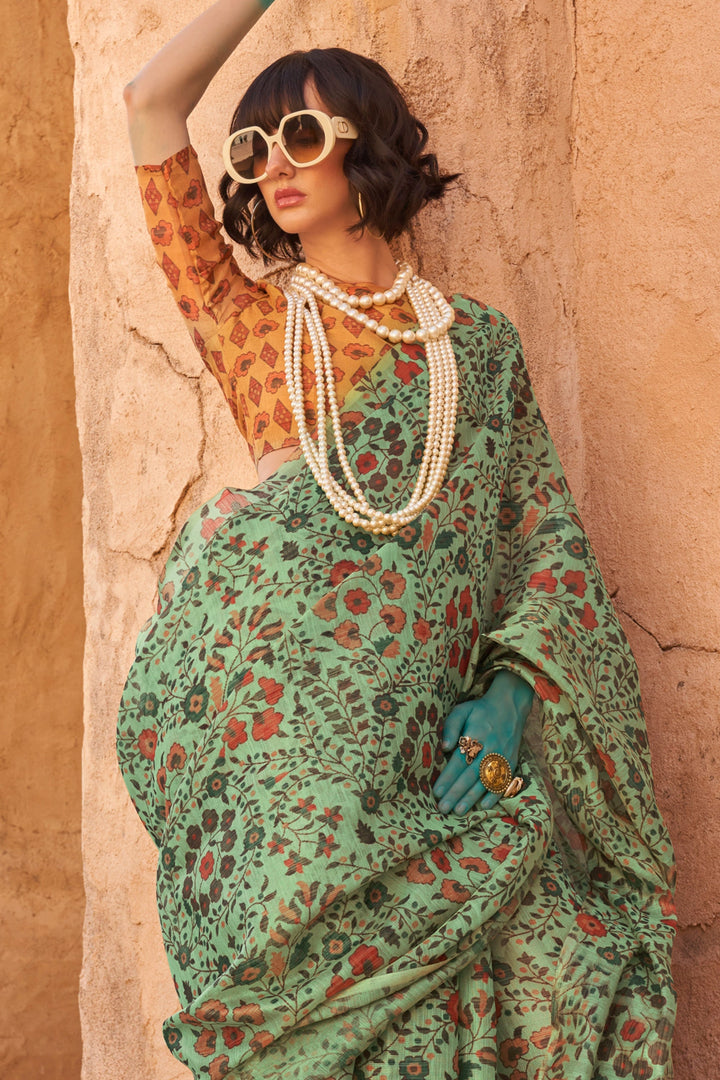 Blazing Green Color Handwoven Printed Tissue Fabric Saree | Buy Online India