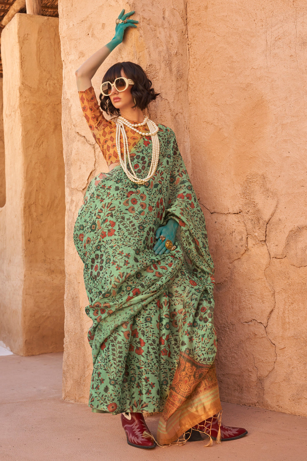 Blazing Green Color Handwoven Printed Tissue Fabric Saree | Buy Online India