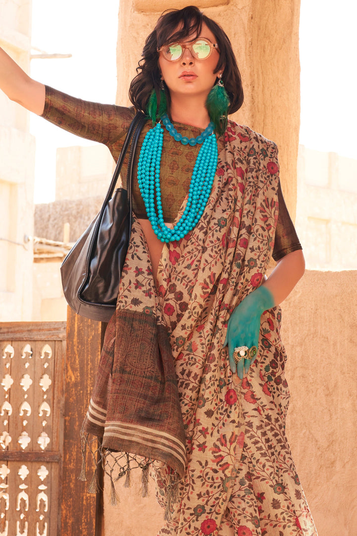 Beige Color Handwoven Printed Glamorous Tissue Fabric Saree | Buy Online India