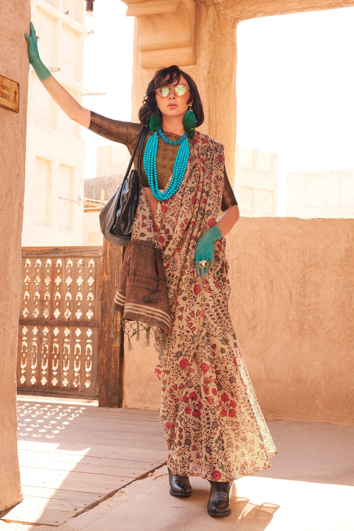 Beige Color Handwoven Printed Glamorous Tissue Fabric Saree | Buy Online India
