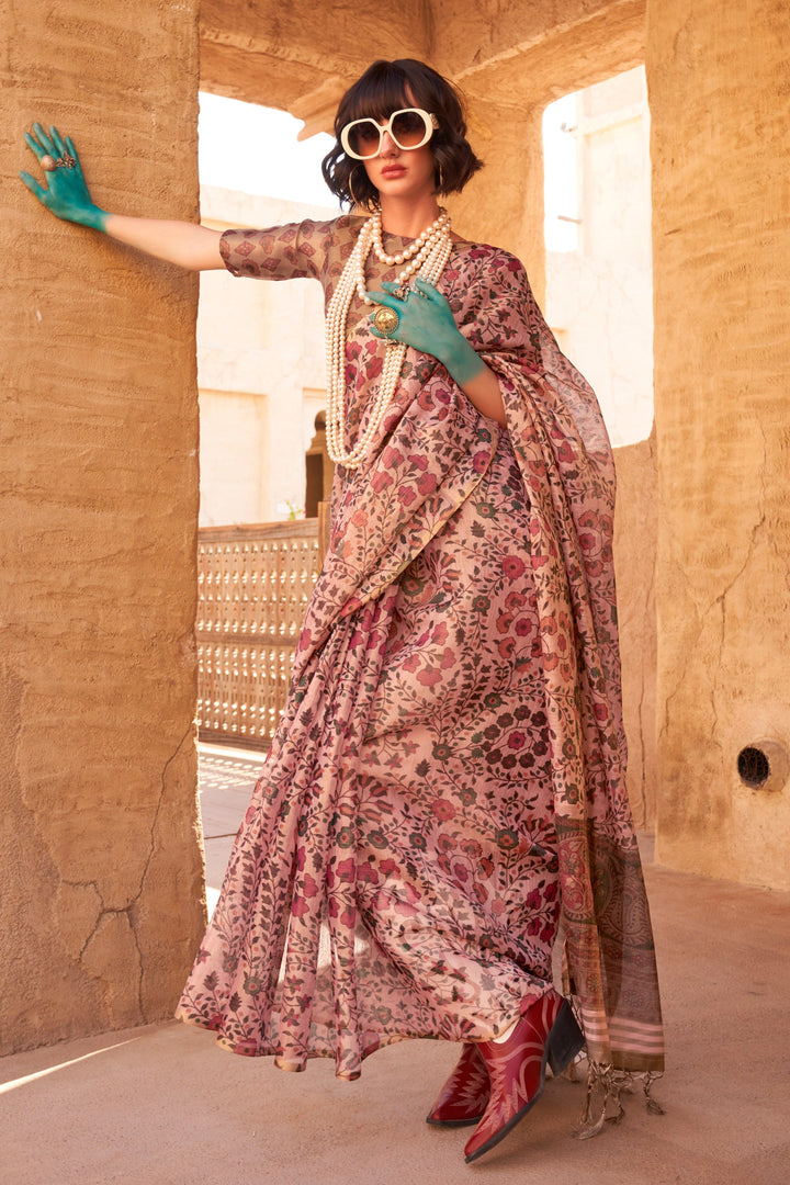 Pink Color Exquisite Handwoven Printed Tissue Fabric Saree | Buy Online India