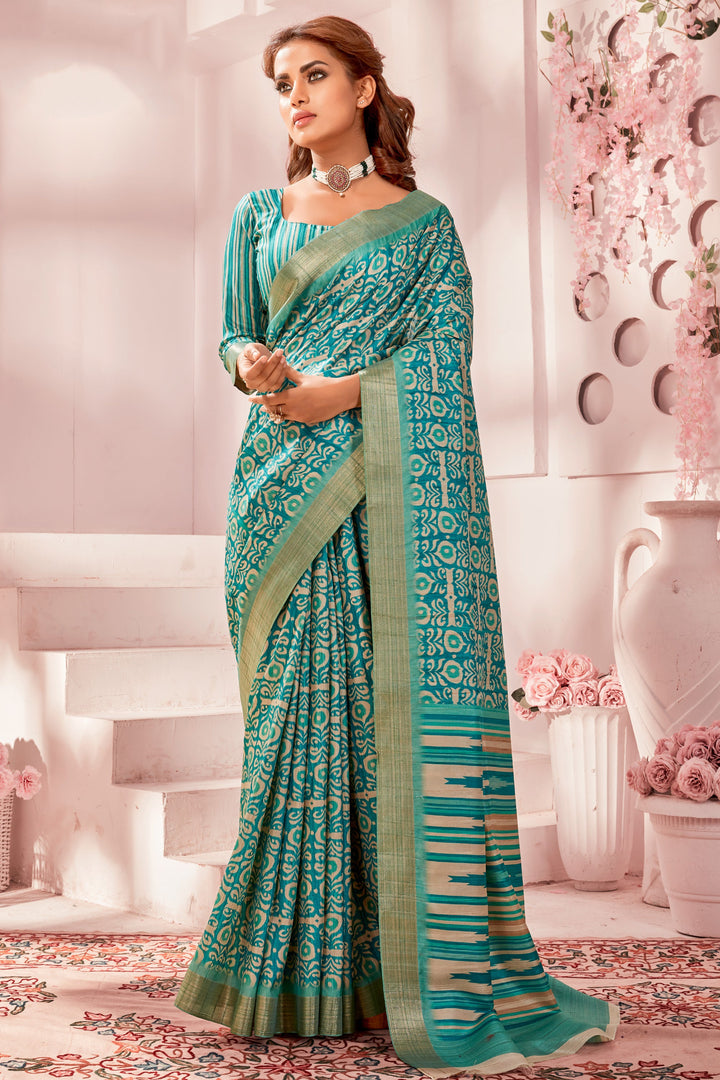 Fancy Fabric Sea Green Color Pleasance Handloom Printed Saree | Buy Online India