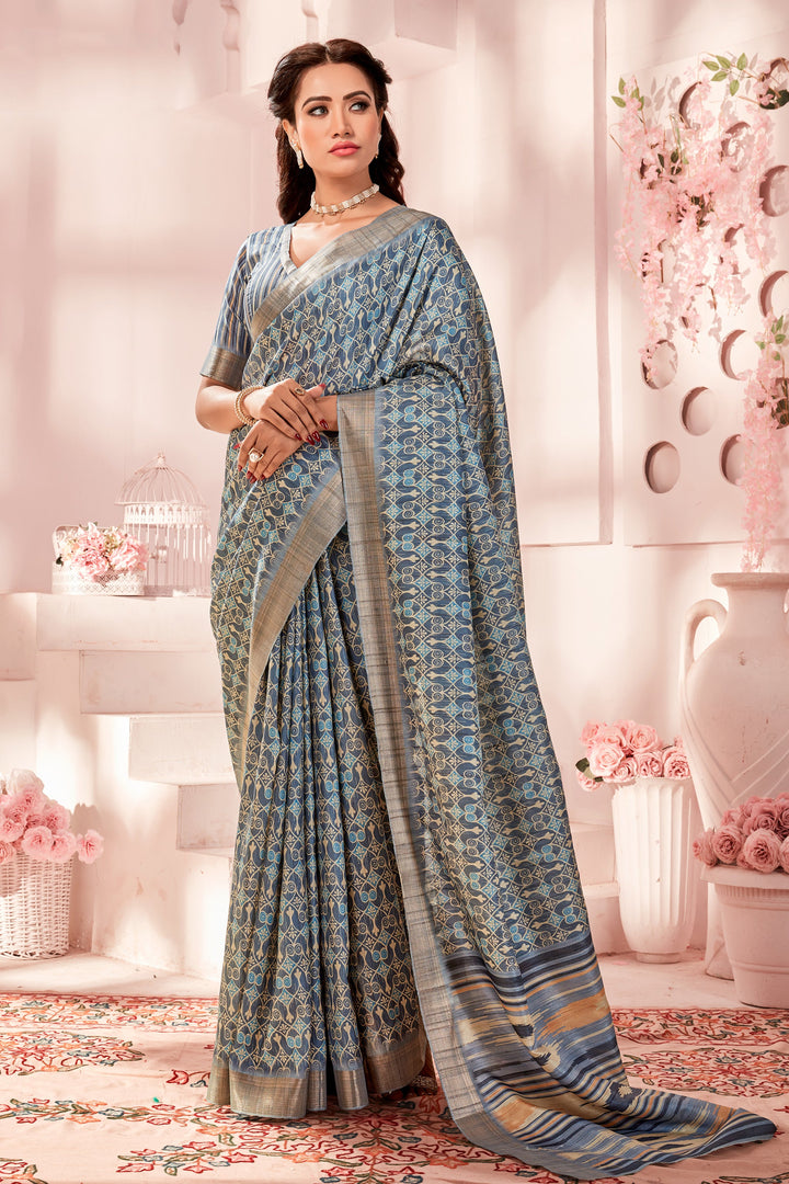 Light Cyan Color Fancy Fabric Coveted Handloom Printed Saree | Buy Online India