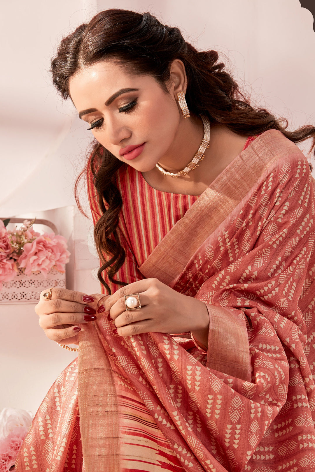 Fancy Fabric Orange Color Riveting Handloom Printed Saree | Buy Online India