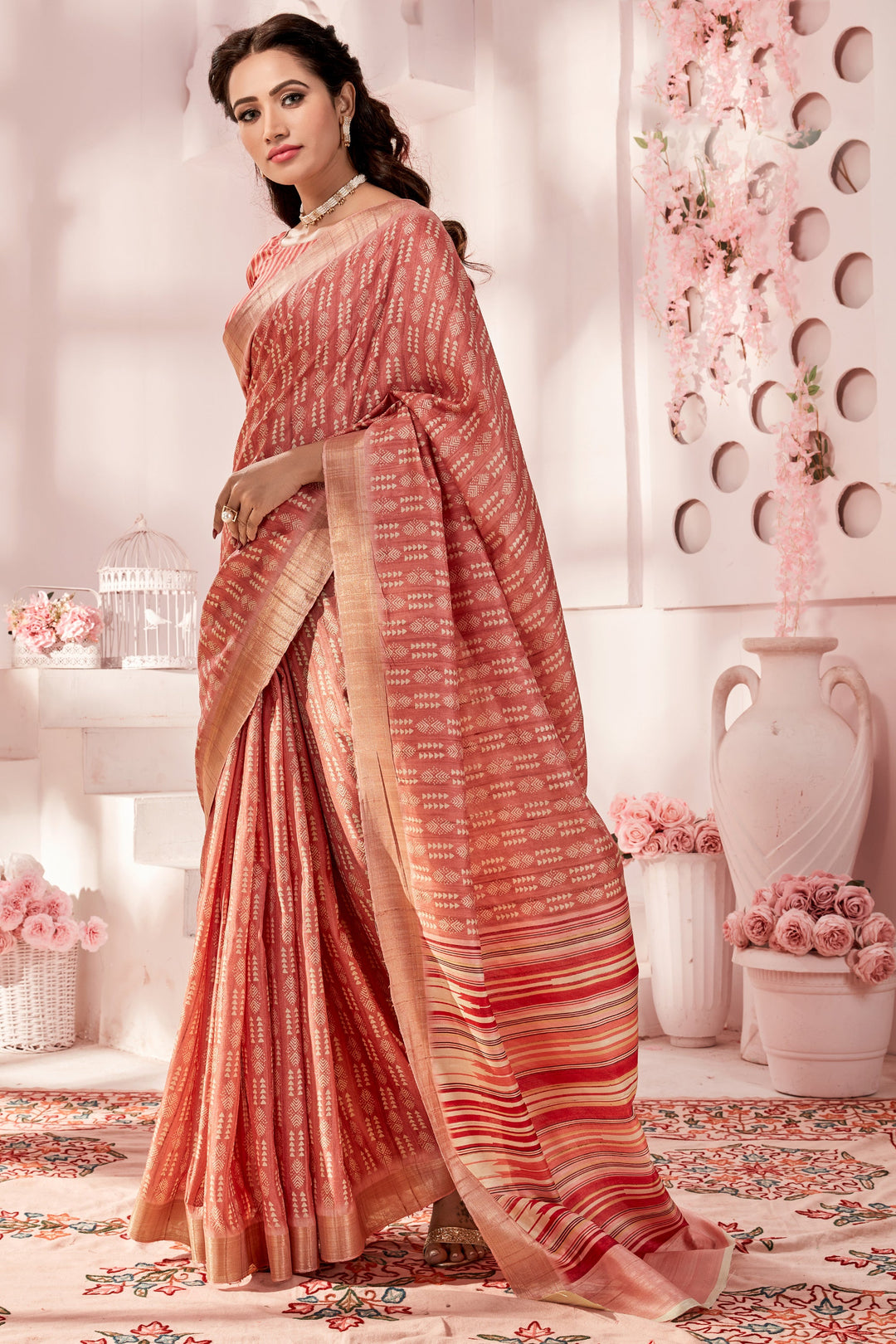 Fancy Fabric Orange Color Riveting Handloom Printed Saree | Buy Online India