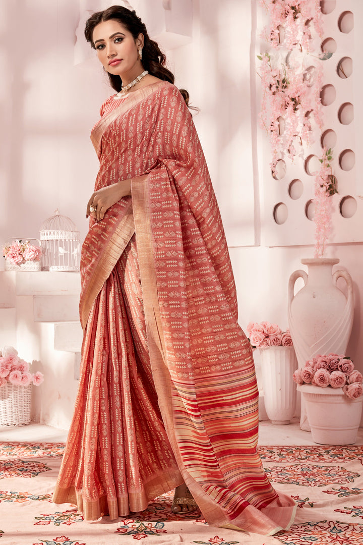 Fancy Fabric Orange Color Riveting Handloom Printed Saree | Buy Online India