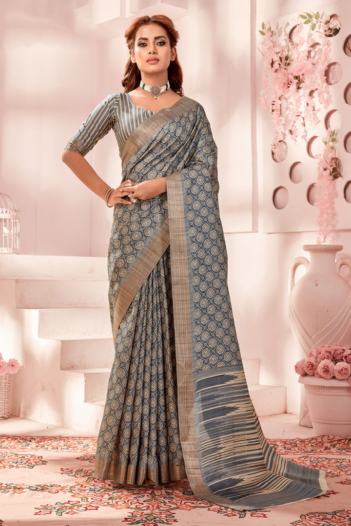 Fancy Fabric Grey Color Excellent Handloom Printed Saree | Buy Online India