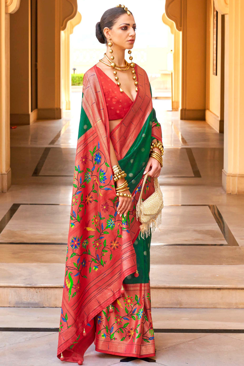 Beguiling Paithini Printed Design On Green Color Art Silk Fabric Saree | Buy Online India
