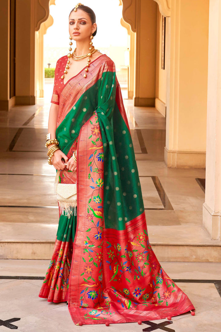 Beguiling Paithini Printed Design On Green Color Art Silk Fabric Saree | Buy Online India