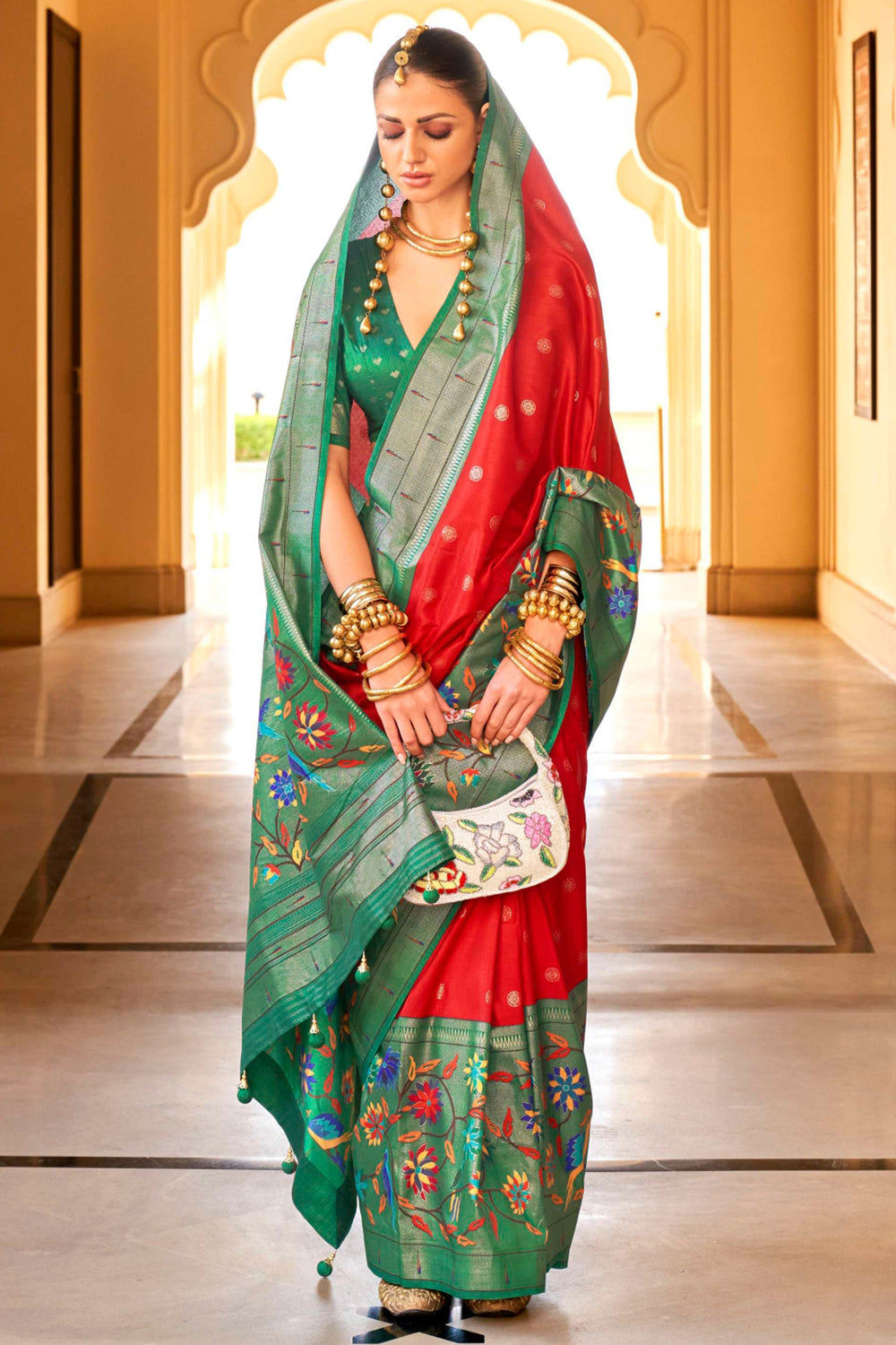 Incredible Paithini Printed Design On Art Silk Fabric Red Color Saree | Buy Online India