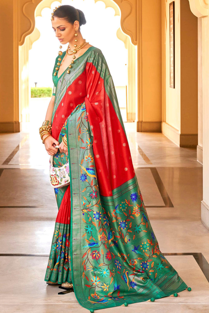 Incredible Paithini Printed Design On Art Silk Fabric Red Color Saree | Buy Online India
