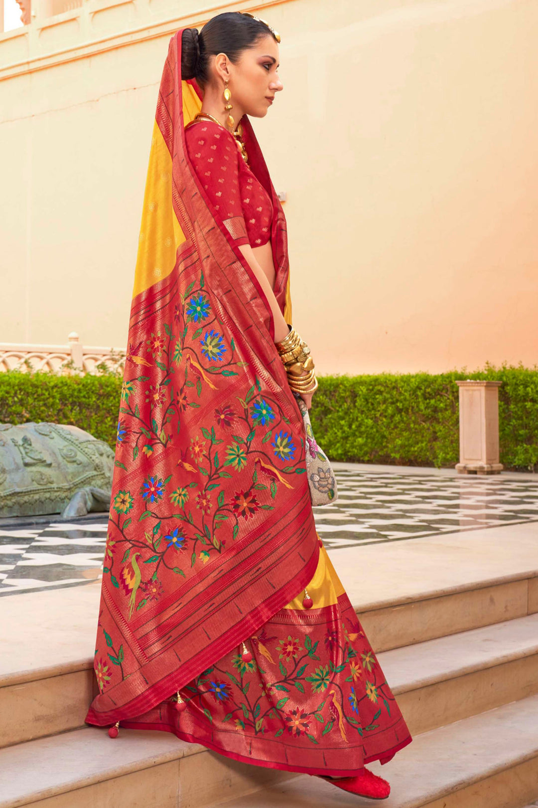 Tempting Art Silk Fabric Yellow Color Saree With Paithini Printed Work | Buy Online India