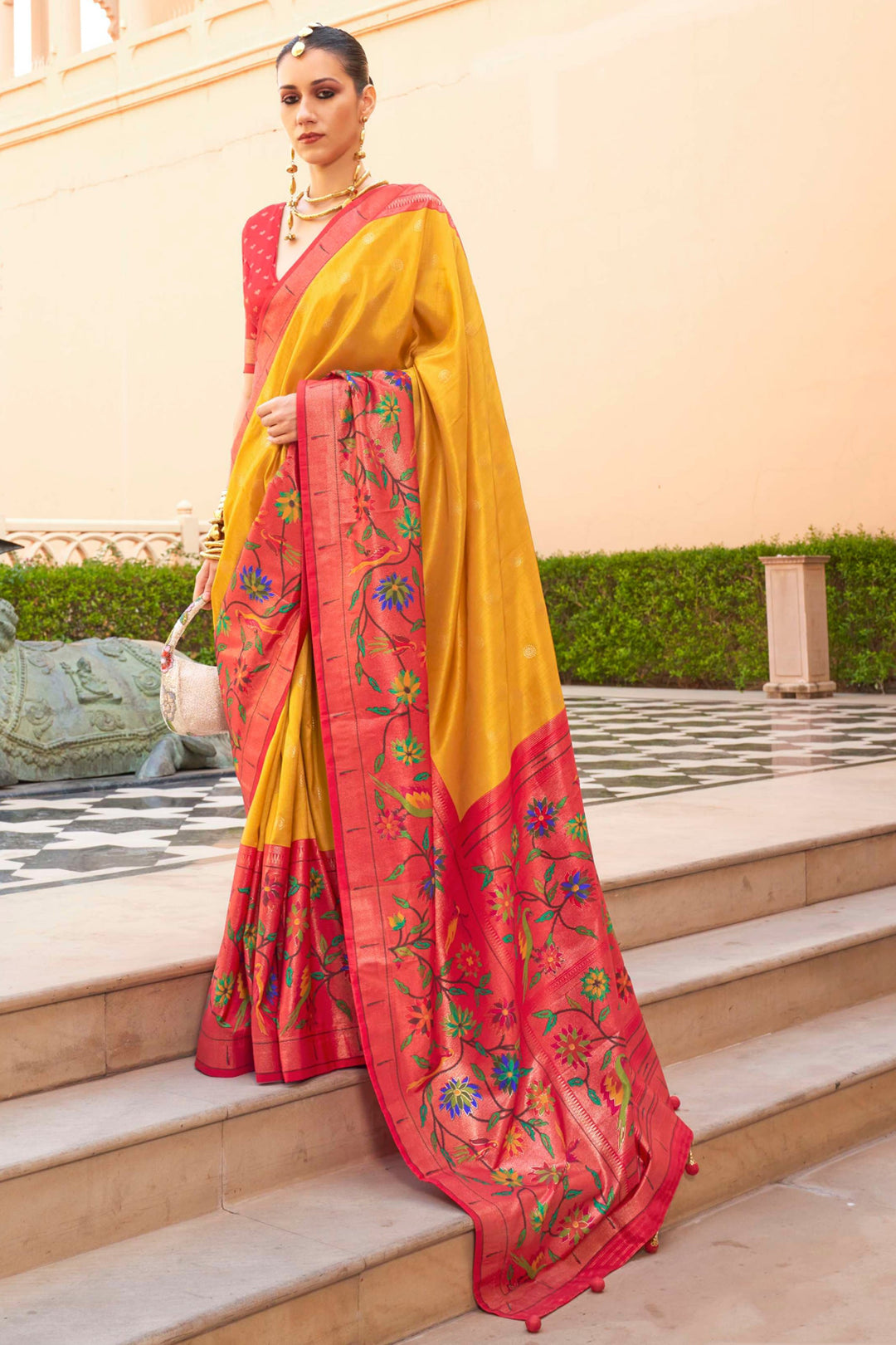 Tempting Art Silk Fabric Yellow Color Saree With Paithini Printed Work | Buy Online India