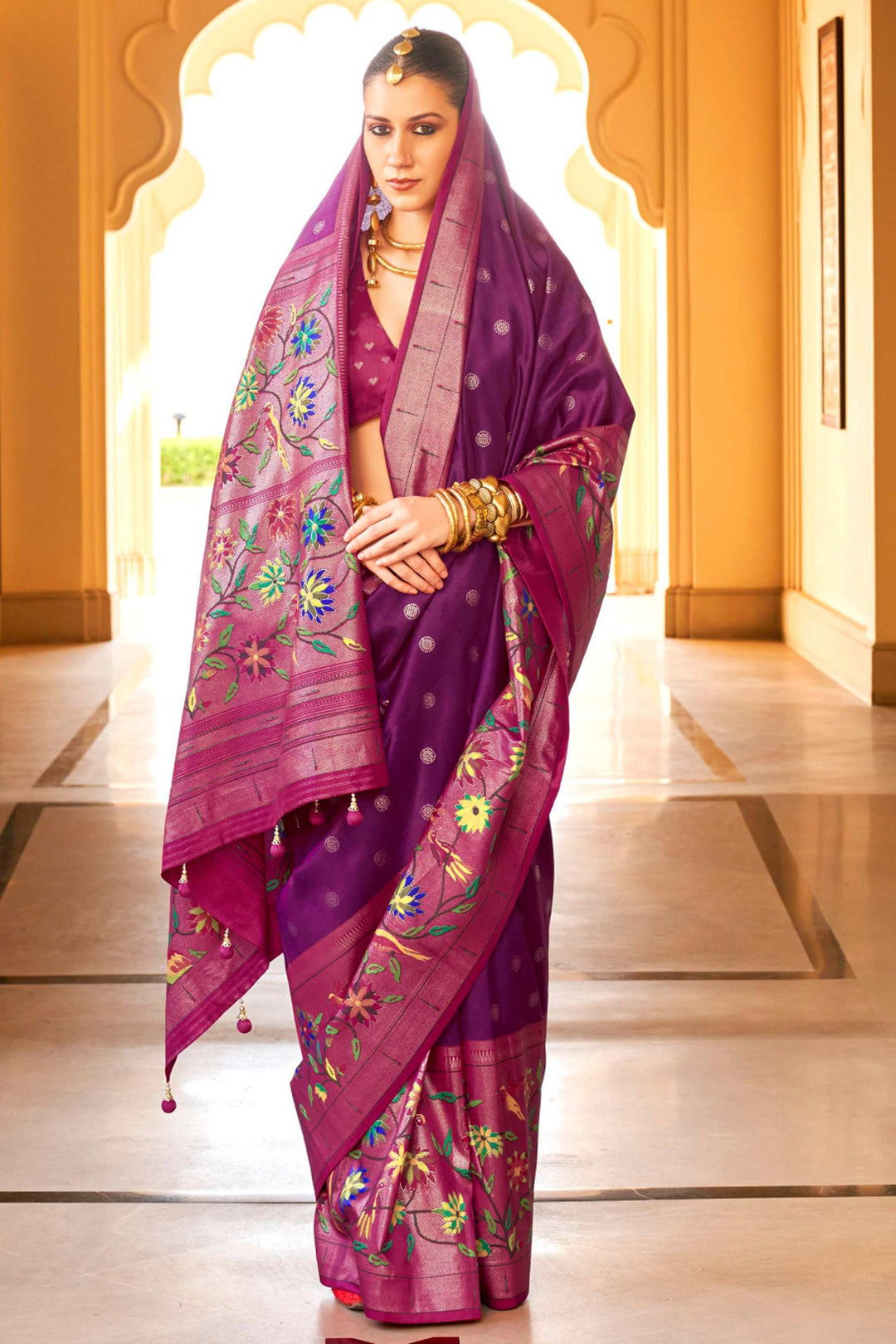 Engaging Purple Color Art Silk Fabric Saree With Paithini Printed Work | Buy Online India