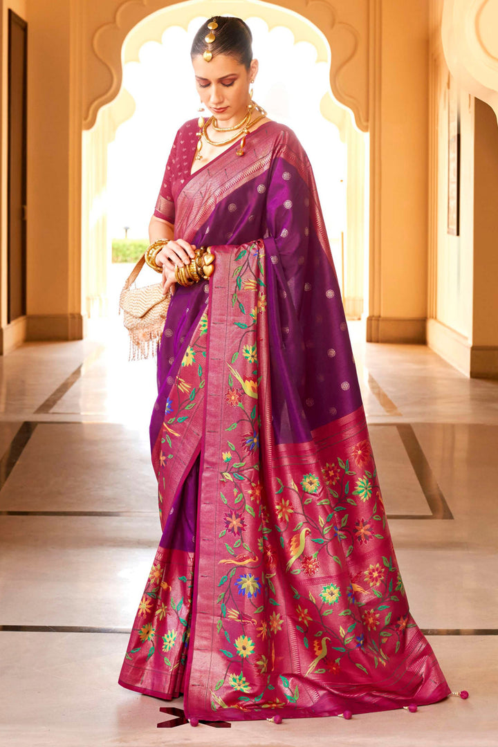 Engaging Purple Color Art Silk Fabric Saree With Paithini Printed Work | Buy Online India
