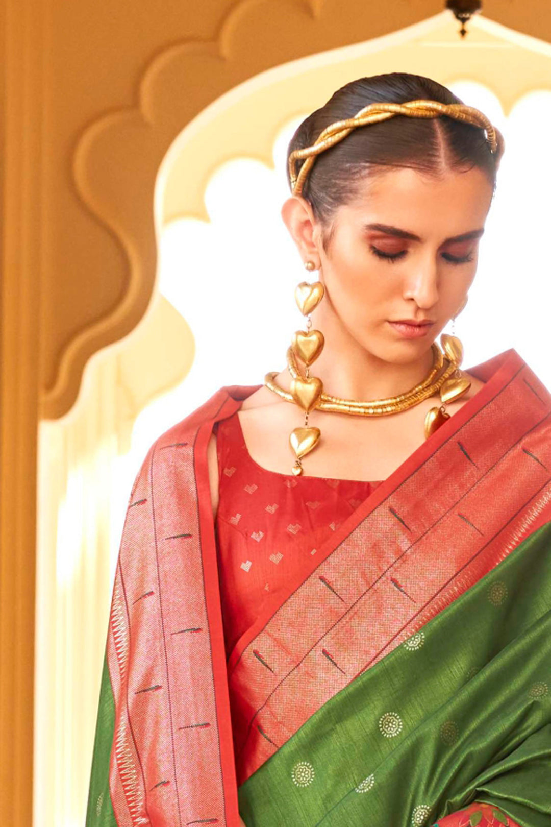 Classic Paithini Printed Design On Olive Color Saree In Art Silk Fabric | Buy Online India