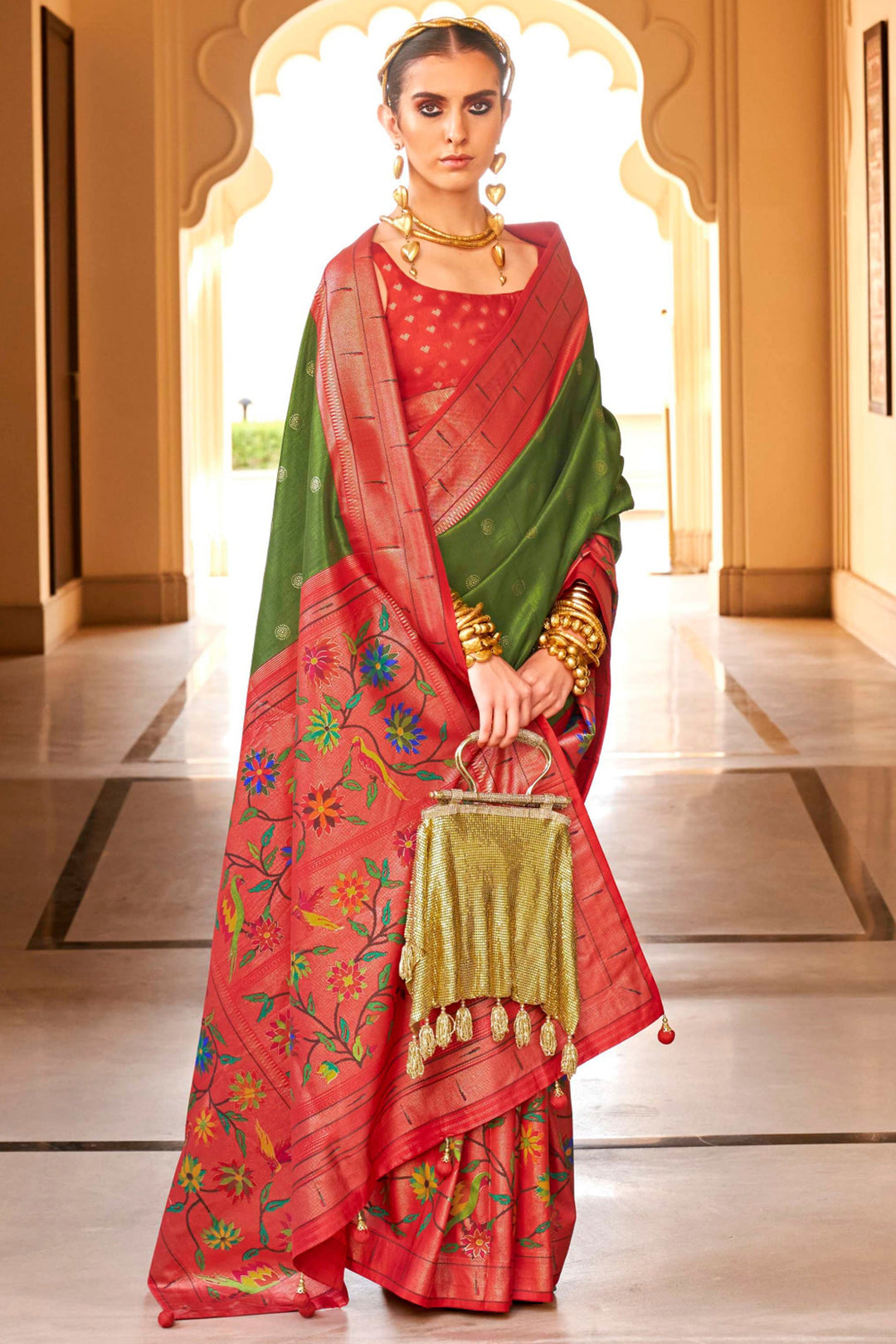 Classic Paithini Printed Design On Olive Color Saree In Art Silk Fabric | Buy Online India