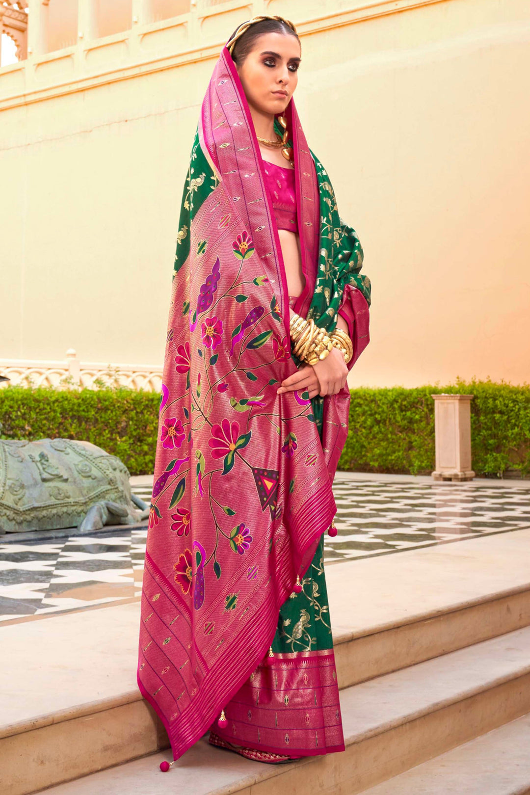 Creative Paithini Printed Design On Saree In Green Color Art Silk Fabric | Buy Online India
