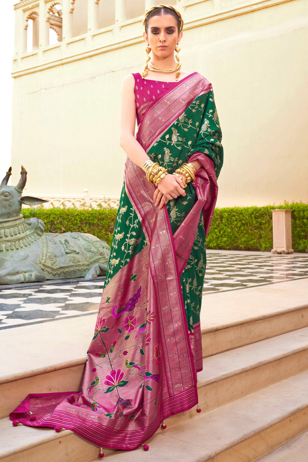 Creative Paithini Printed Design On Saree In Green Color Art Silk Fabric | Buy Online India