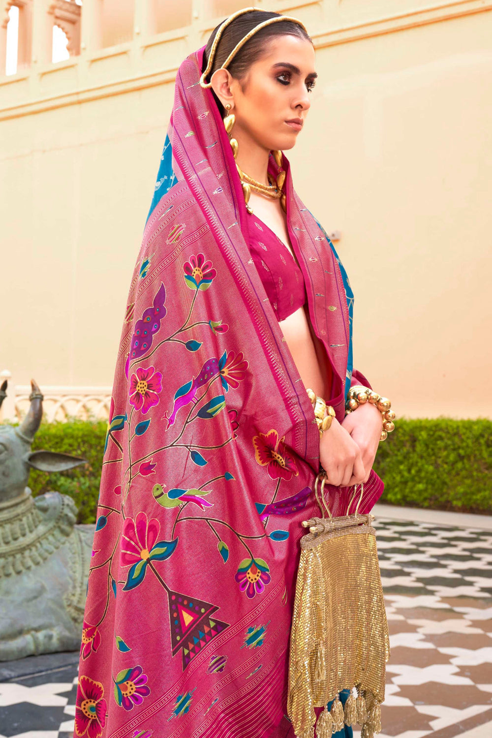 Marvellous Paithini Printed Design On Art Silk Fabric Saree In Cyan Color | Buy Online India