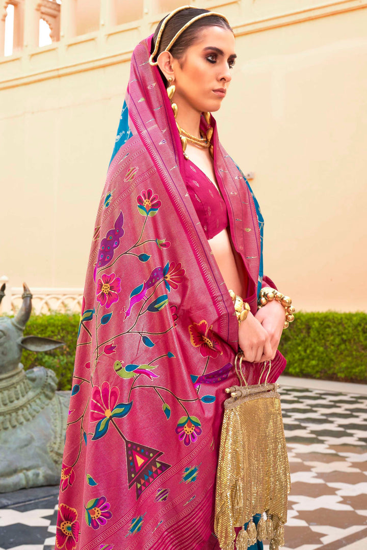 Marvellous Paithini Printed Design On Art Silk Fabric Saree In Cyan Color | Buy Online India