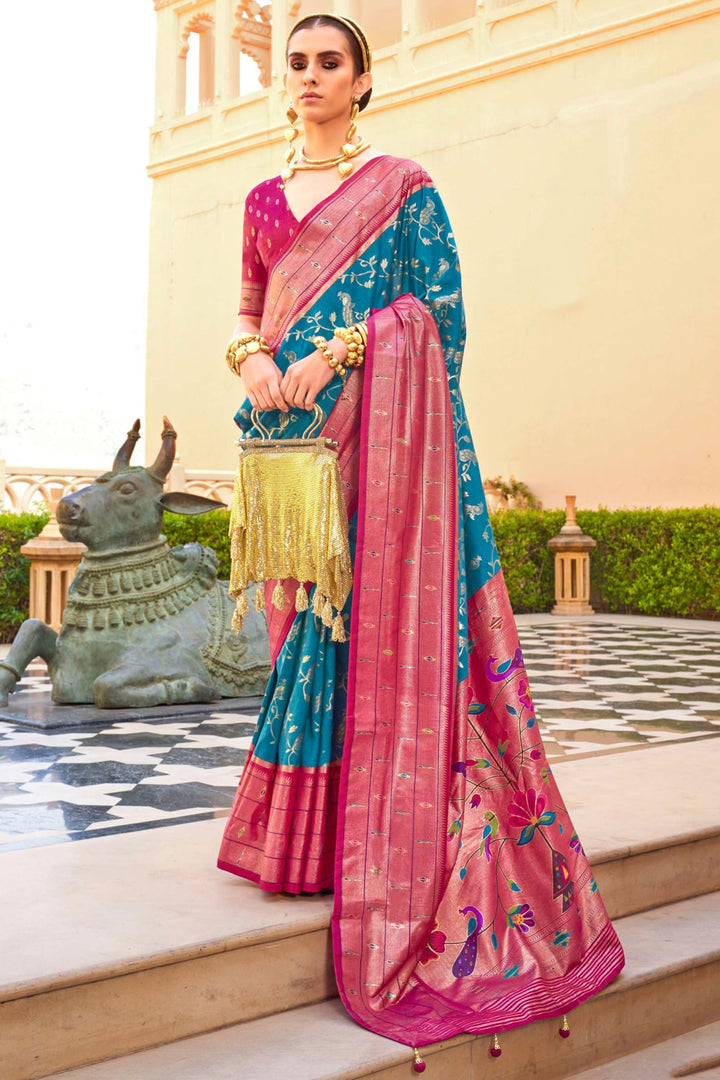 Marvellous Paithini Printed Design On Art Silk Fabric Saree In Cyan Color | Buy Online India