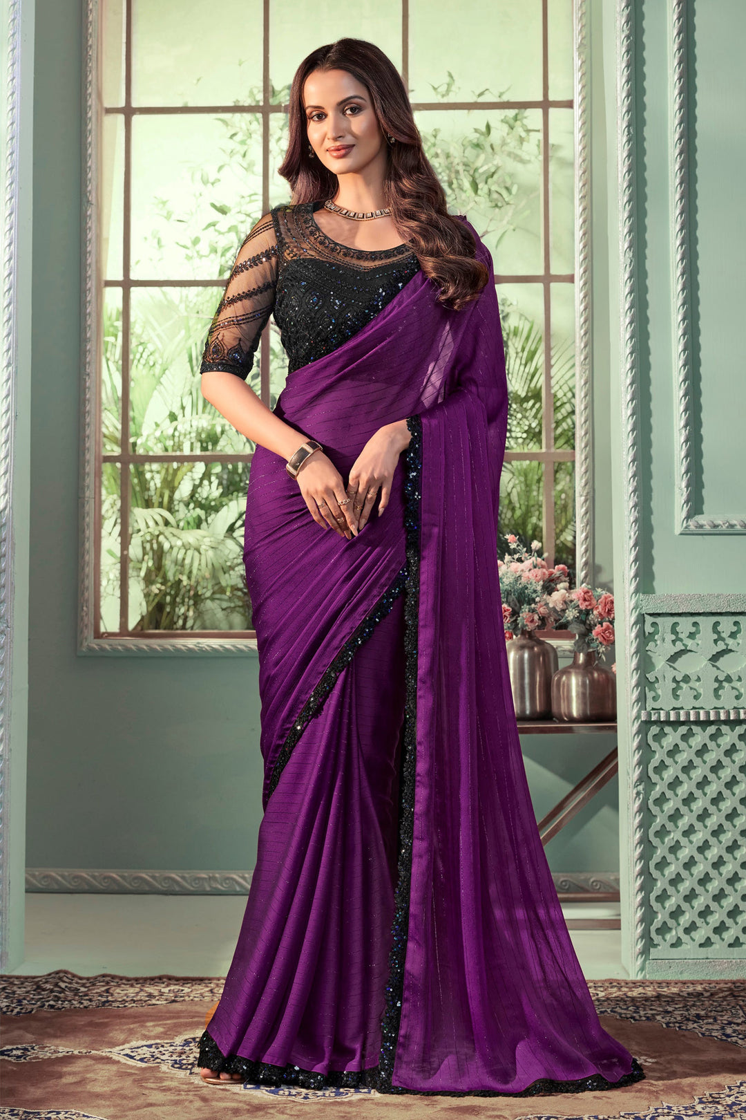 Georgette Fabric Purple Color Saree With Winsome Border Work | Buy Online India