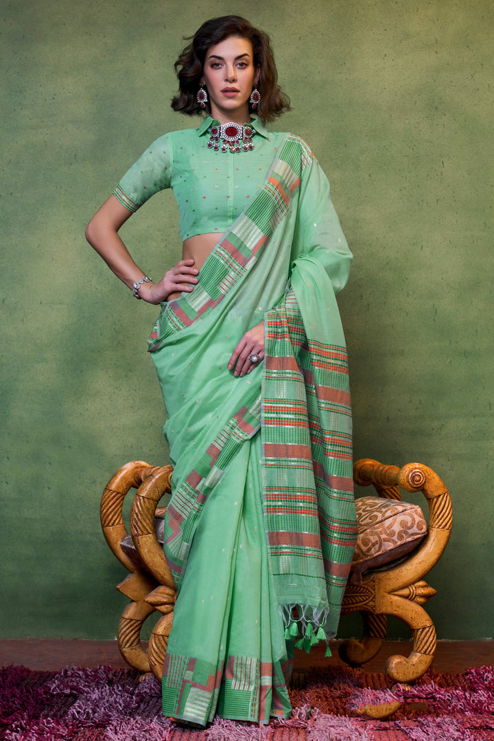 Blazing Sea Green Color Handloom Weaving Fancy Cotton Saree | Buy Online India